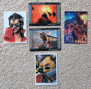 Five cards showing official art and cutscene stills featuring Auron
