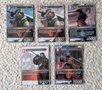 Five cards from the Final Fantasy trading card game featuring Auron