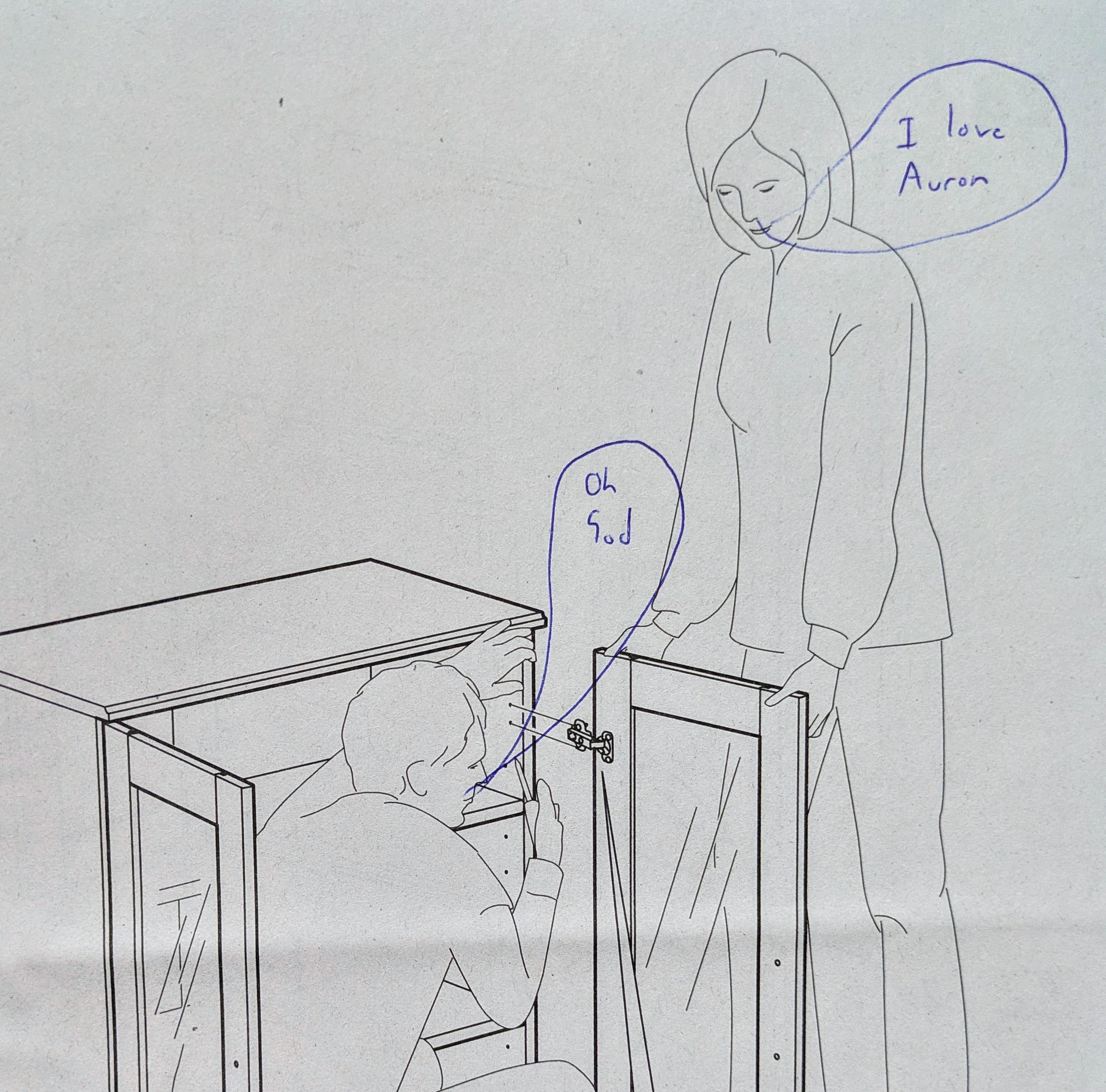 An IKEA diagram of a woman saying “I love Auron” and a man saying “Oh God”
