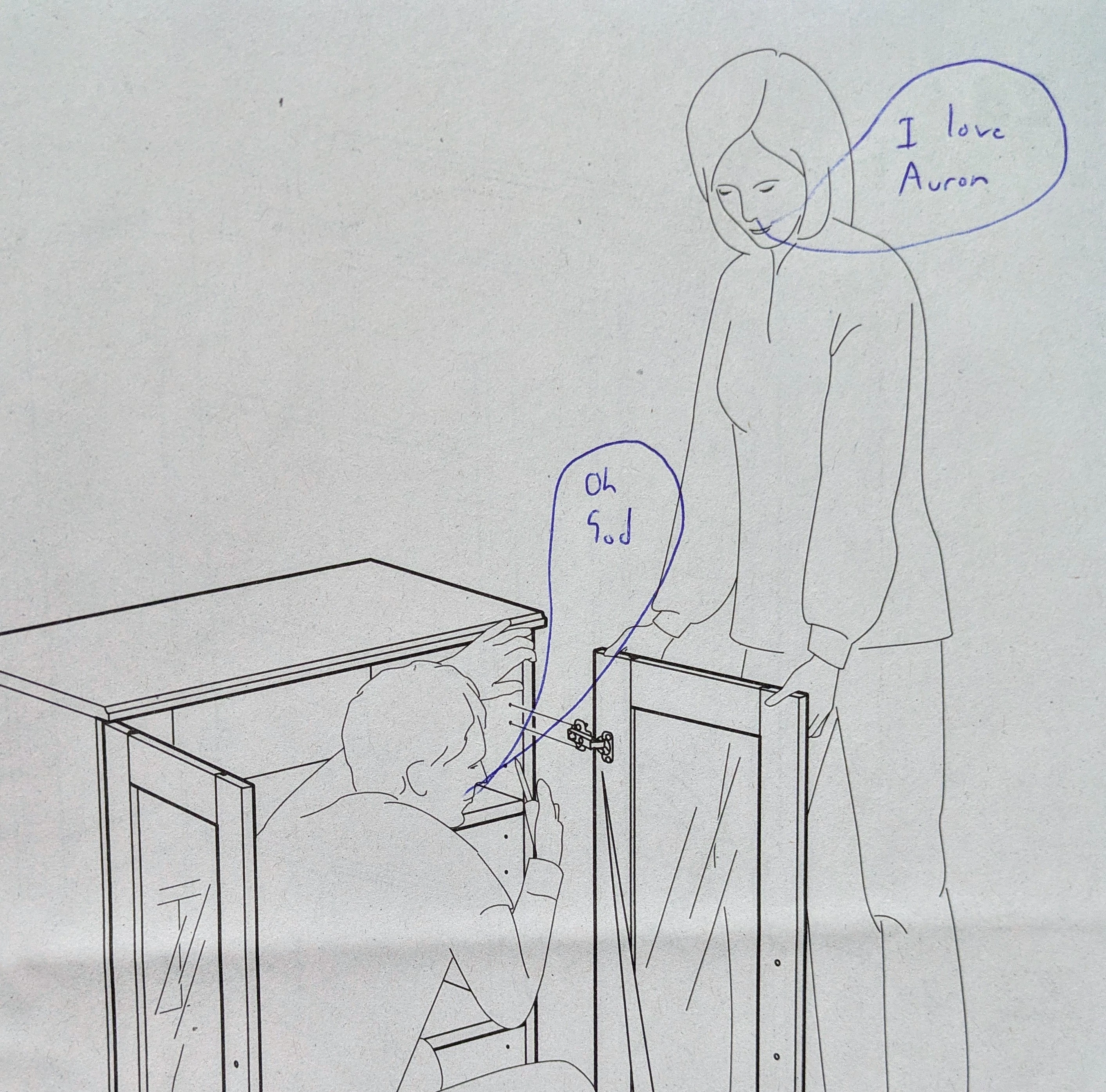 An IKEA diagram of a woman saying “I love Auron” and a man saying “Oh God”