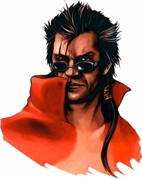 Official art of Auron wearing a strange orange mac that he never actually wears