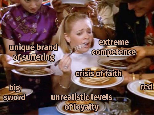 Girl being fed lots of pancakes meme where each pancake is an aspect of Auron’s character