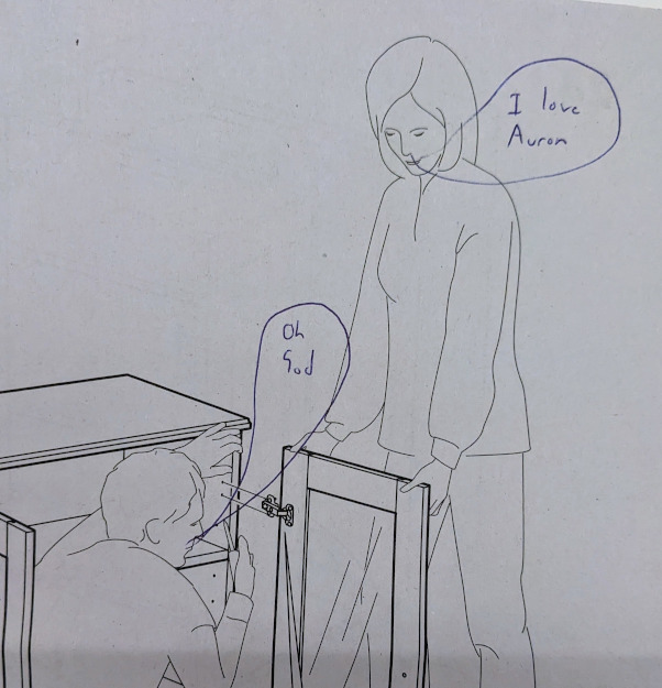 An IKEA diagram of a woman saying “I love Auron” and a man saying “Oh God”